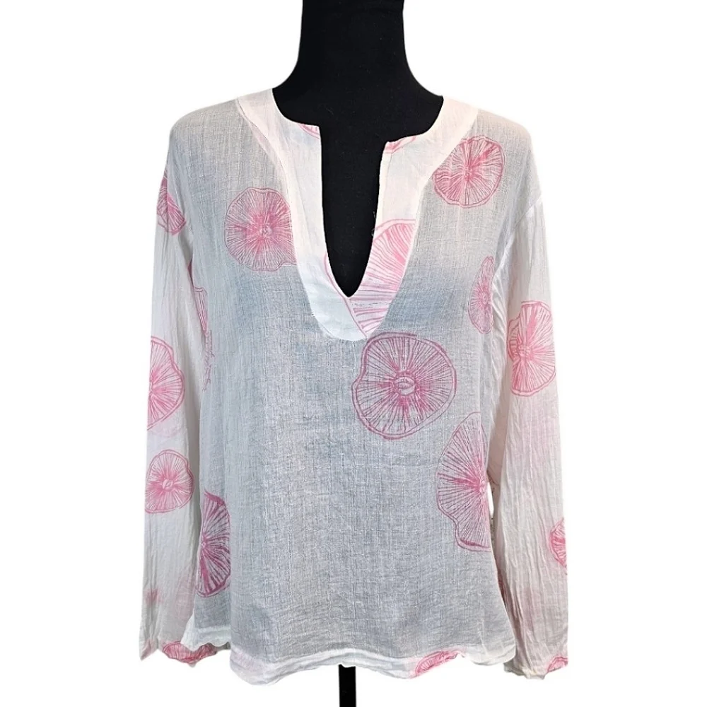 Virginia Johnson Cotton Semi-Sheer Top Size Medium White Boho Beachy Coastal